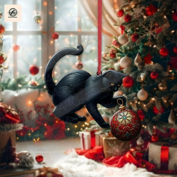 TiniDecor Black Cat Ornament, Funny Christmas Tree Decoration, Acrylic Stained Glass Style
