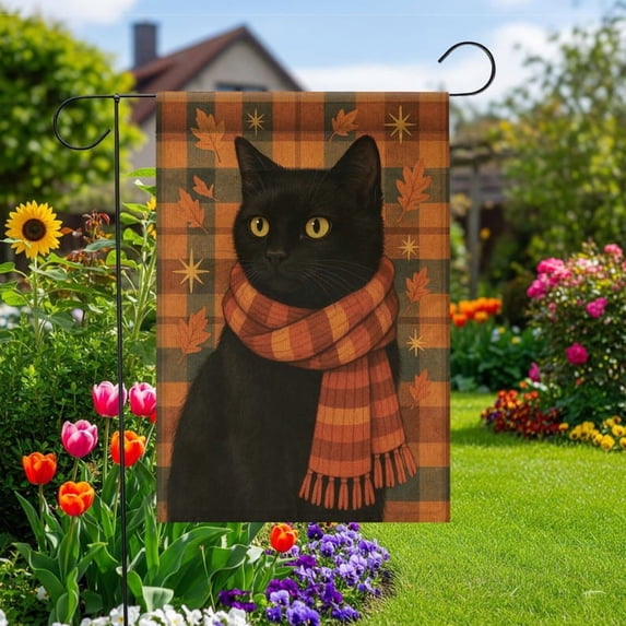 TiniDecor Black Cat Garden Flag – 12" x 18" Fall Decor with Scarf, Autumn Yard Flag, Polyester Outdoor Decor