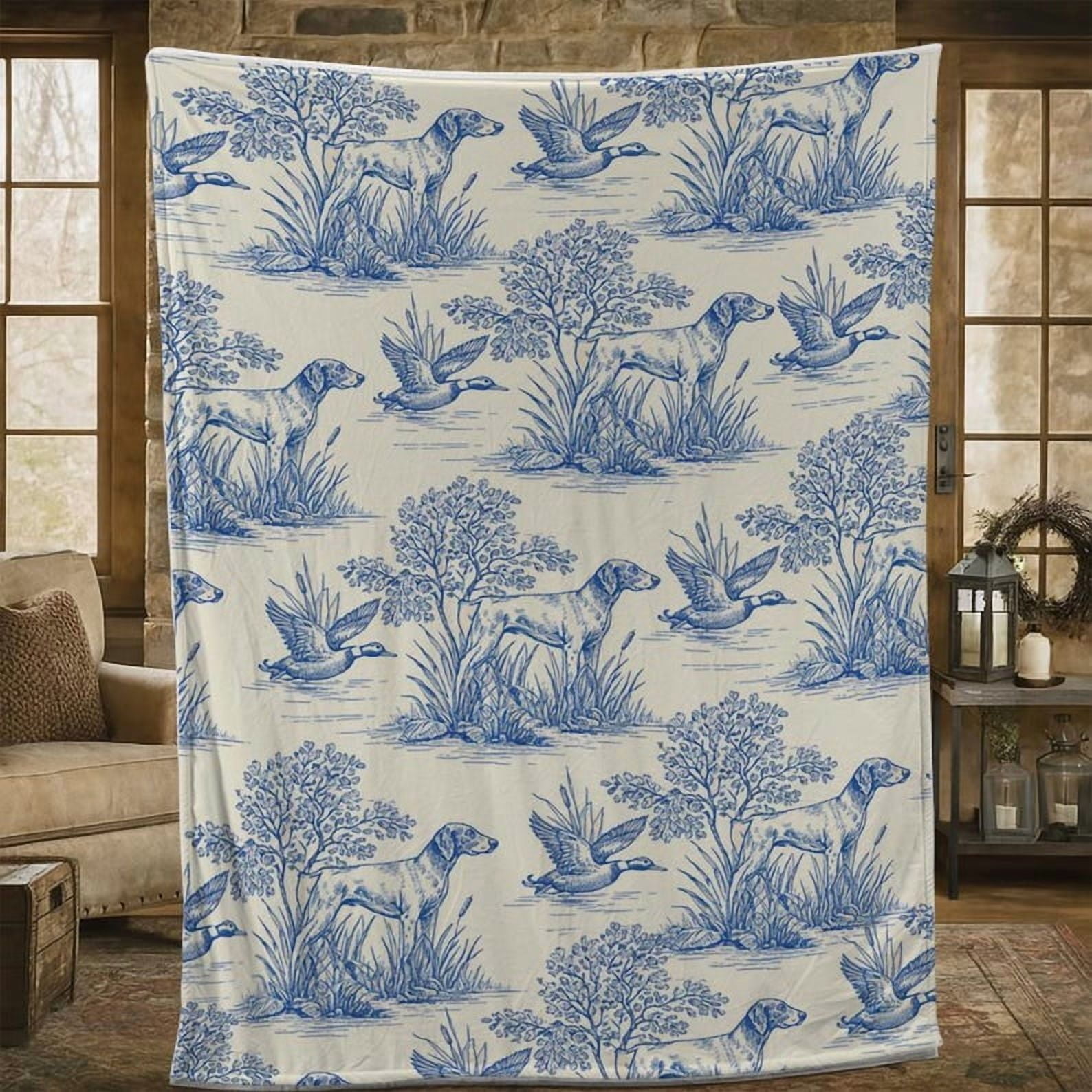 TiniDecor Blue Hunting Dog Fleece Throw Blanket, 40"x50", Countryside Bird Pattern