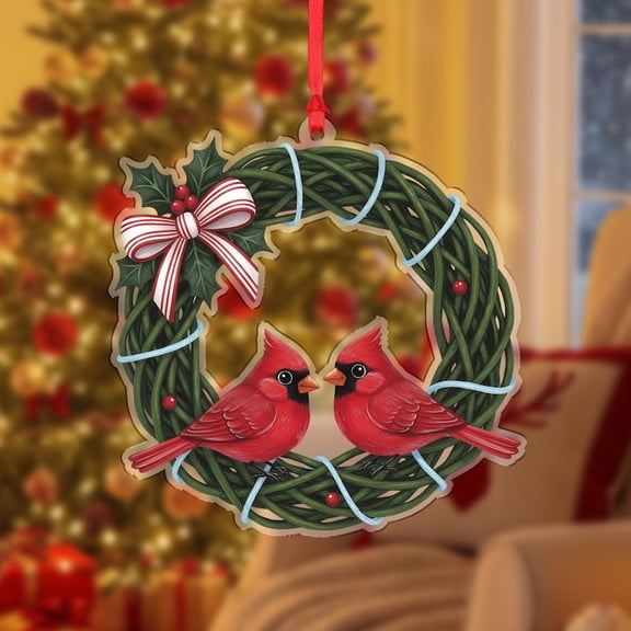 TiniDecor Cardinal Couple Christmas Wreath Ornament, Red Bird Acrylic Holiday Decoration, Romantic Winter Gift