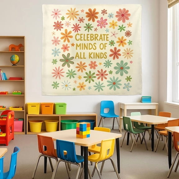 TiniDecor Celebrate Minds of All Kinds Tapestry, 30"x40" Colorful Classroom Wall Hanging