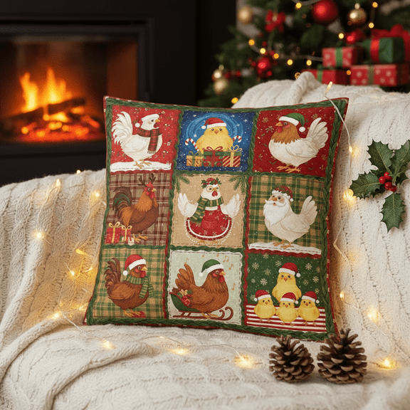 TiniDecor Christmas Chicken Pillow, 16x16" Poly Oxford, Holiday Rooster & Hen Cushion, Farmhouse Decor