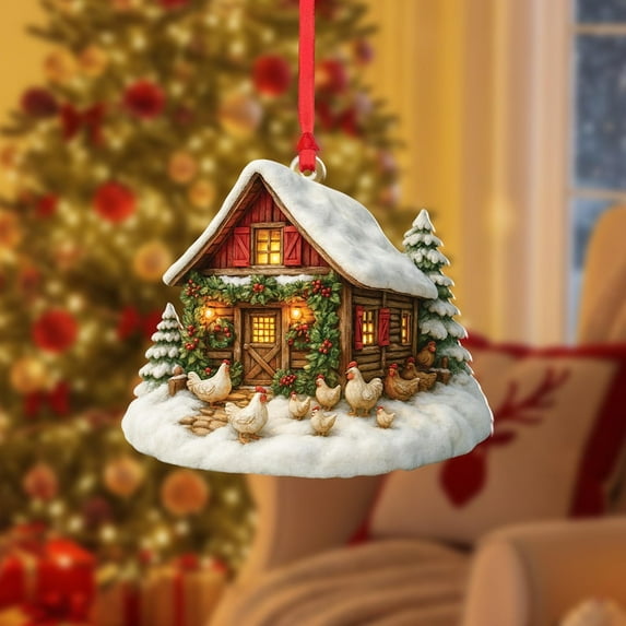TiniDecor Christmas Farmhouse Ornament, Snowy Cabin with Chickens, Rustic Holiday Tree Decoration