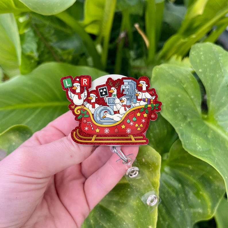 TiniDecor Christmas Goose Sleigh Badge Reel, Red Retractable ID Holder, Cute Holiday Gift for Nurses