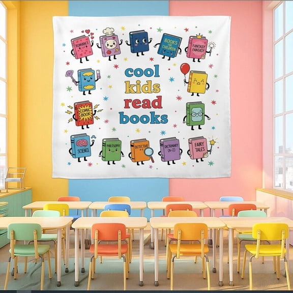 TiniDecor Cool Kids Read Books Tapestry, 30"x40" Colorful Book Character Wall Hanging, Classroom Reading Decor