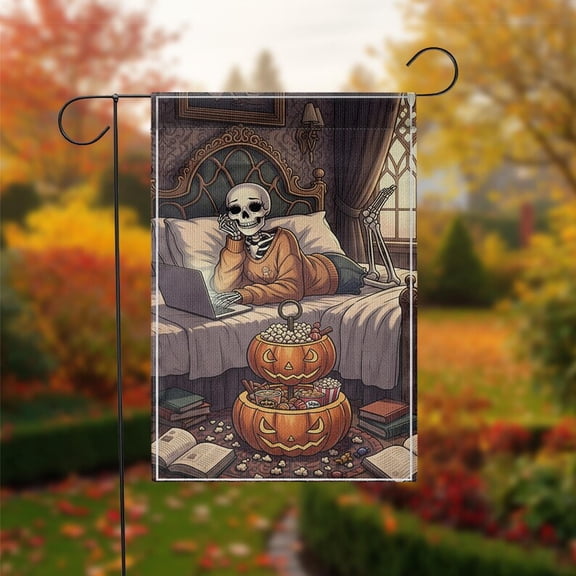 TiniDecor Cozy Skeleton Garden Flag – 12”x18” Halloween Indoor Vibes Outdoor Decor, Fall Reading Theme