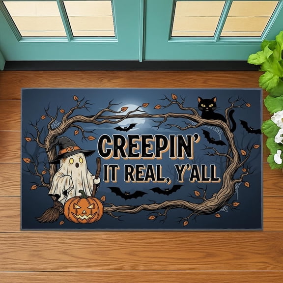 TiniDecor Creepin’ It Real Ghost Doormat – 16"x24" Funny Halloween Entry Rug, Indoor Outdoor Mat