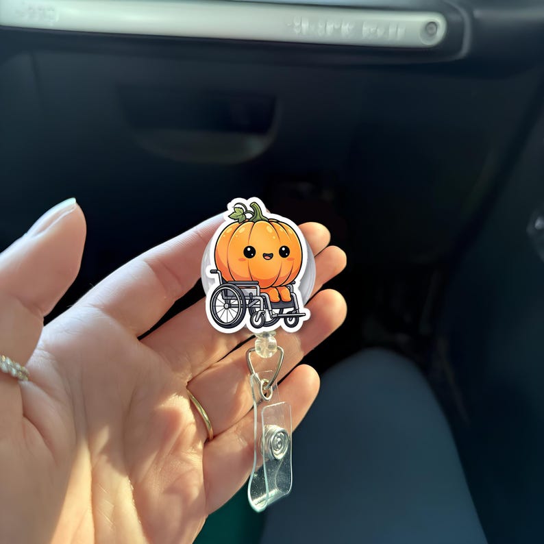 TiniDecor Cute Pumpkin Wheelchair Badge Reel, Retractable ID Holder, Fall Nurse Gift