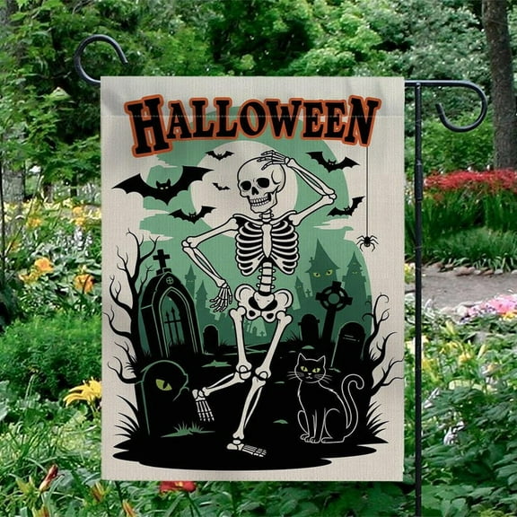 TiniDecor Dancing Skeleton Halloween Garden Flag – 12”x18” Spooky Black Cat Graveyard Décor