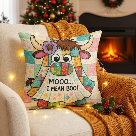 TiniDecor Funny Cow Pillow Cover, 16x16" Poly Oxford, Patchwork Farmhouse Accent, Colorful Cow Design