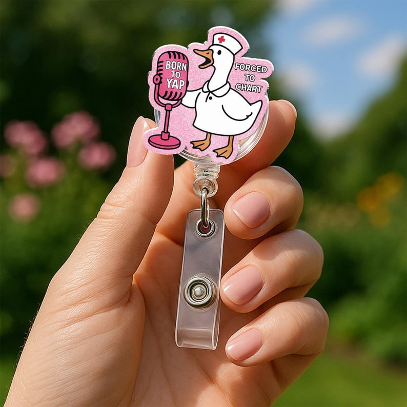 TiniDecor Funny Goose Nurse Badge Reel, Pink Retractable ID Holder, Cute Gift for RN, Med Student