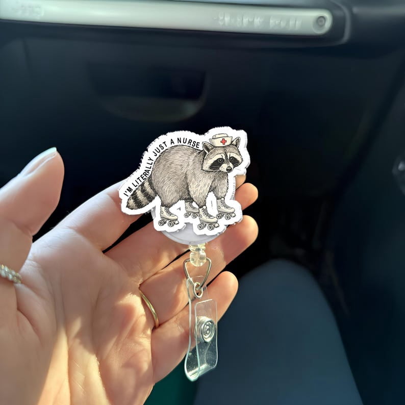 TiniDecor Funny Raccoon Nurse Badge Reel, “I’m Literally Just a Nurse” Retractable ID Holder, Cute Gift for RN or Medical Staff