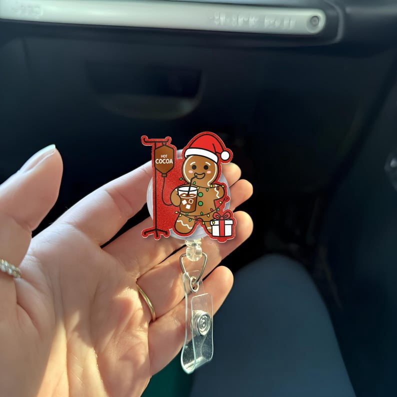 TiniDecor Gingerbread Hot Cocoa Badge Reel, Christmas Retractable ID Holder, Cute Nurse Gift