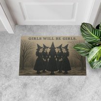 TiniDecor Girls Will Be Girls Witch Doormat - 18"x30" Brown Entry Rug, Gothic Halloween Home Decor