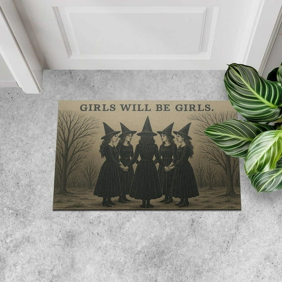 TiniDecor Girls Will Be Girls Witch Doormat - 18"x30" Brown Entry Rug, Gothic Halloween Home Decor