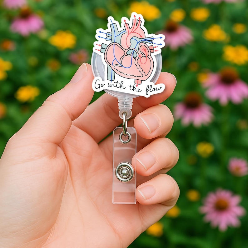 TiniDecor Go With the Flow Heart Badge Reel, Anatomical ID Holder, Cute Gift for Nurses, Med Techs