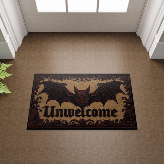 TiniDecor Gothic Bat Doormat – 16"x24" “Unwelcome” Entryway Rug, Halloween Vampire Decor