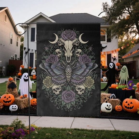 TiniDecor Gothic Moth & Skull Garden Flag – 12”x18” Black Floral Halloween Outdoor Decor