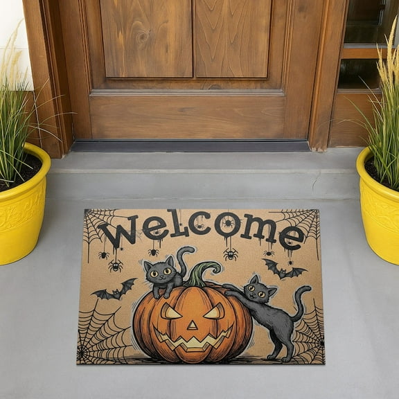 TiniDecor Halloween Black Cat Pumpkin Doormat – 16"x24" “Welcome” Fall Entry Rug with Bats & Spiders