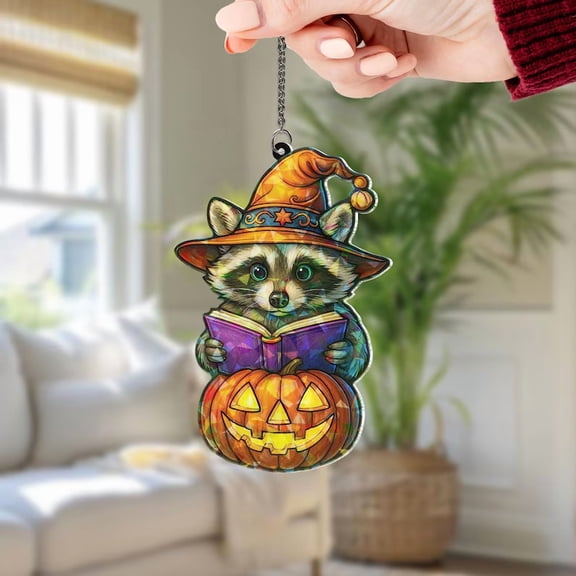 TiniDecor Halloween Raccoon Acrylic Sun Catcher, 6" Hologram Window Hanging, Fall Decor