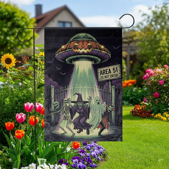 TiniDecor Halloween UFO Garden Flag – 12”x18” Spooky Skeleton Witch Ghost Outdoor Yard Decoration
