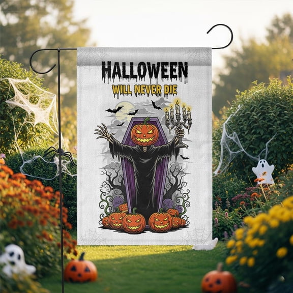 TiniDecor Halloween Will Never Die Garden Flag – 12”x18” Pumpkin Grim Reaper Outdoor Yard Decoration