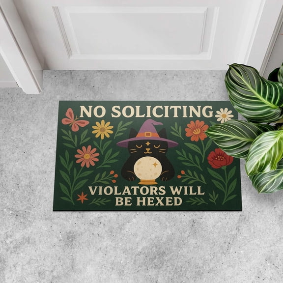 TiniDecor Hexing Cat Doormat – 16"x24" No Soliciting Witch Mat, Halloween Entry Rug, Dark Green