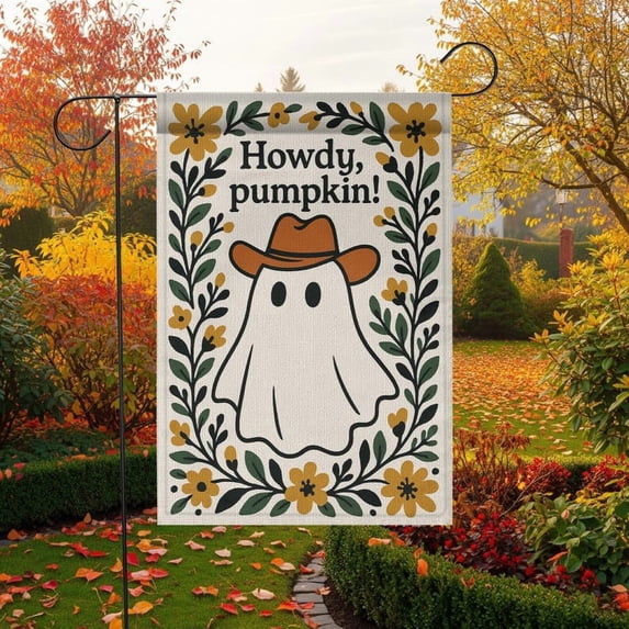 TiniDecor Howdy, Pumpkin Garden Flag – 28”x40” Fall Ghost with Cowboy Hat and Floral Border