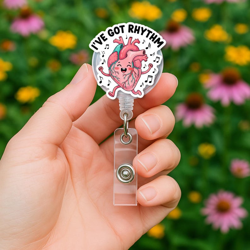 TiniDecor I’ve Got Rhythm Nurse Badge Reel, Heart Retractable ID Holder, Funny Cardiology Gift for RN, Med Student