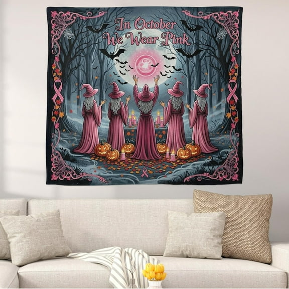 TiniDecor In October We Wear Pink Tapestry, 60"x80" Breast Cancer Awareness, Witchy Halloween Decor