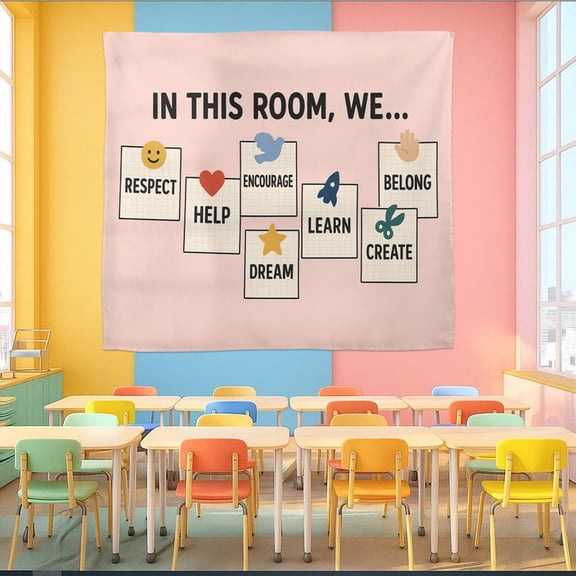 TiniDecor In This Room We Do Tapestry, 51"x60" Pink Classroom Wall Hanging, Positive Behavior Decor