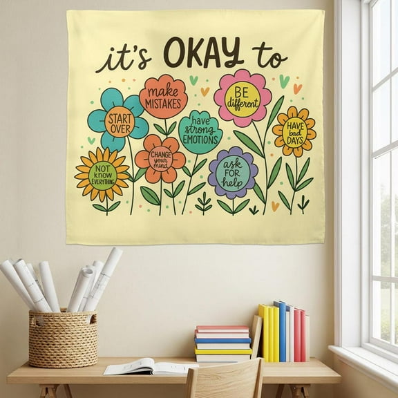 TiniDecor It's Okay To Tapestry, 51"x60" Floral Pastel Wall Hanging, Classroom Encouragement Decor