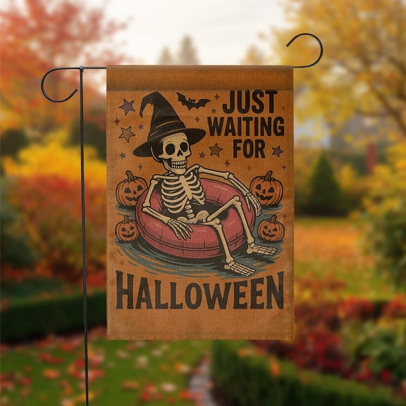TiniDecor Just Waiting for Halloween Garden Flag – 12”x18” Skeleton Pool Float Spooky Yard Decor