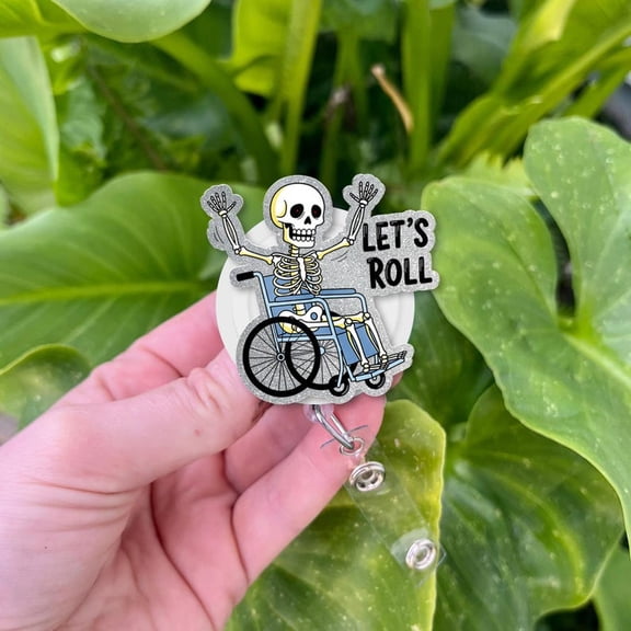 TiniDecor Let’s Roll Skeleton Badge Reel, Funny Skeleton in Wheelchair Retractable ID Holder, Cute Gift for Nurses & Halloween