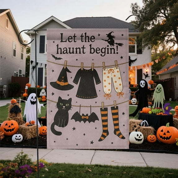 TiniDecor Let the Haunt Begin Garden Flag – 36”x60” Halloween Yard Banner, Cute Witch Clothesline Decor