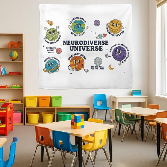 TiniDecor Neurodiverse Universe Tapestry, 51"x60" Inclusive Space Wall Hanging, Classroom Décor