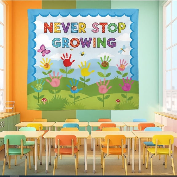 TiniDecor Never Stop Growing Tapestry, 60"x80" Colorful Classroom Wall Hanging, Kids Room Decor
