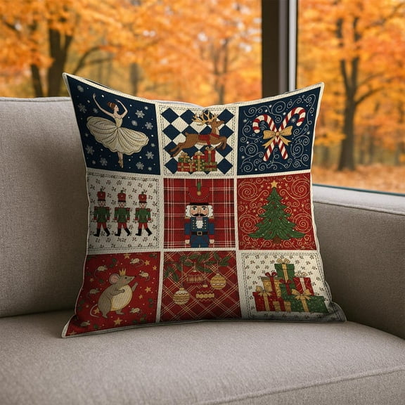 TiniDecor Nutcracker Christmas Pillow, 16x16" Poly Oxford, Holiday Ballet Cushion, Ballerina & Gift Design