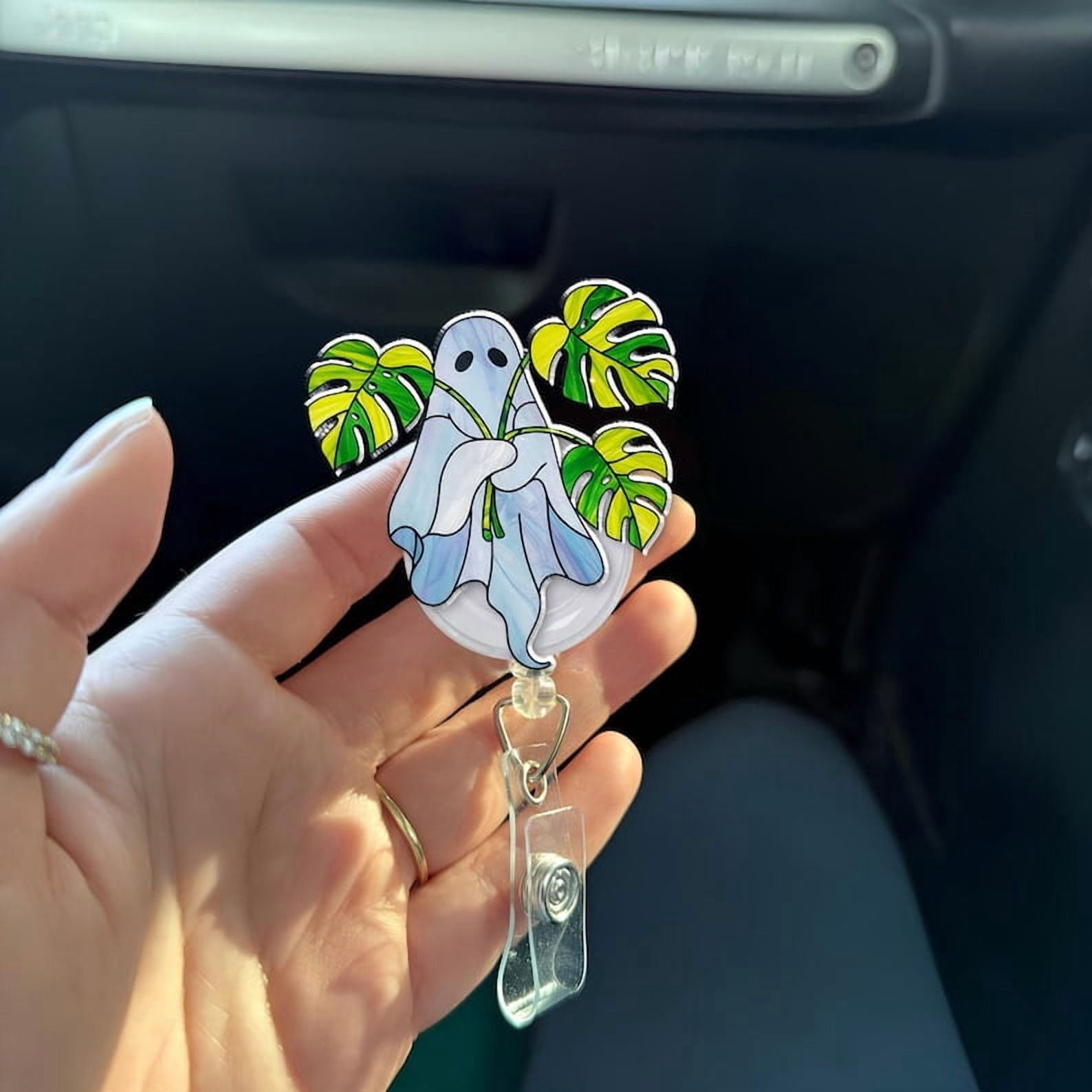 TiniDecor Plant Ghost Badge Reel, Retractable ID Holder, Cute Monstera Ghost Gift for Nurse, Teacher