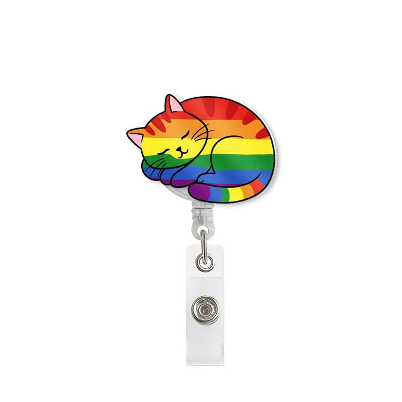TiniDecor Rainbow Cat Badge Reel, Retractable ID Holder, Cute Pride Gift for Nurse, Student