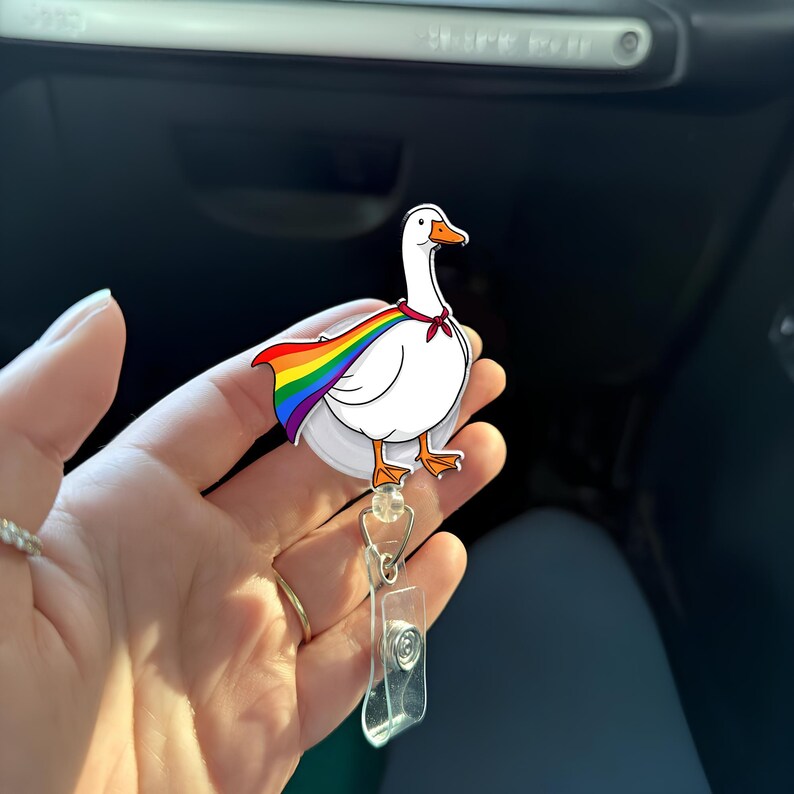 TiniDecor Rainbow Goose Badge Reel, Retractable ID Holder, Cute Pride Gift for Nurse, Teacher