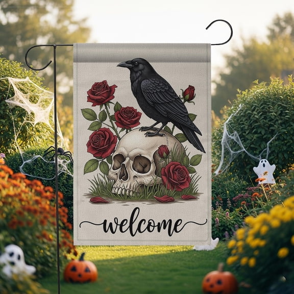 TiniDecor Raven and Skull Garden Flag – 12”x18” Gothic Welcome Yard Decor, Halloween Rose Design
