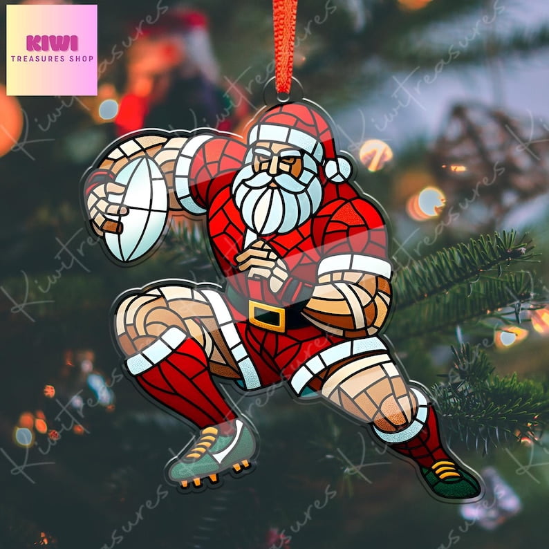 TiniDecor Rugby Santa Ornament 2025, Stained Glass Style Acrylic, Funny ...