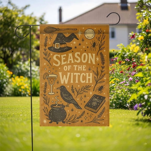 TiniDecor Season of the Witch Garden Flag – 12”x18” Halloween Outdoor Yard Decoration, Rustic Spooky Sign