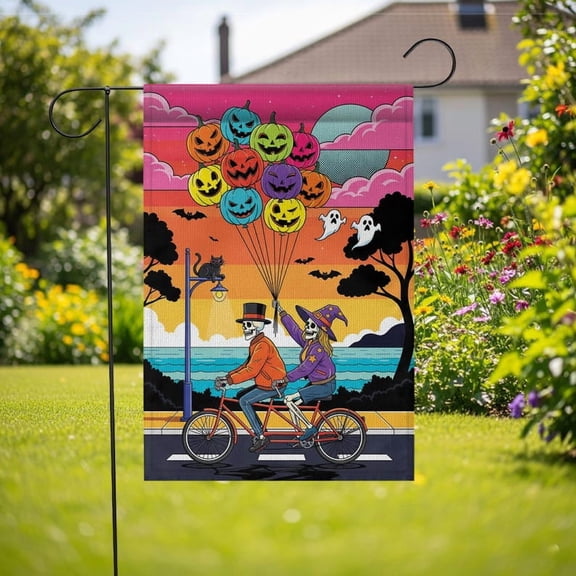 TiniDecor Skeleton Couple Halloween Garden Flag – 12”x18” Spooky Tandem Ride Sunset Yard Decor