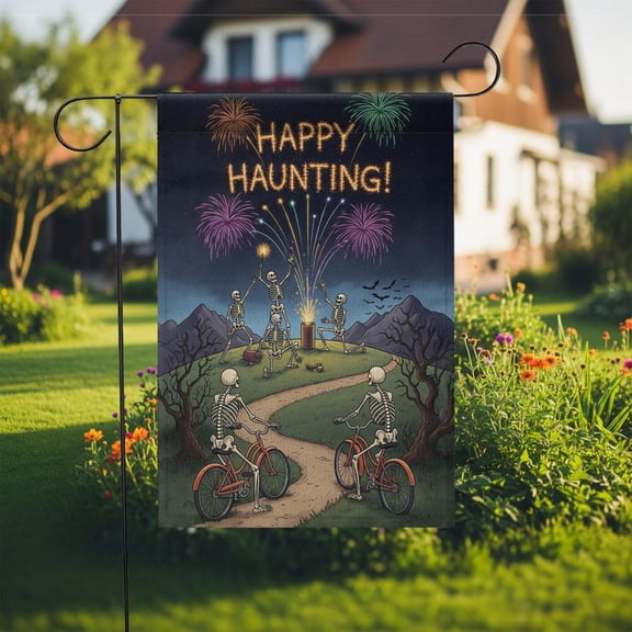 TiniDecor Skeleton Happy Haunting Garden Flag – 12”x18” Halloween Fireworks Outdoor Décor