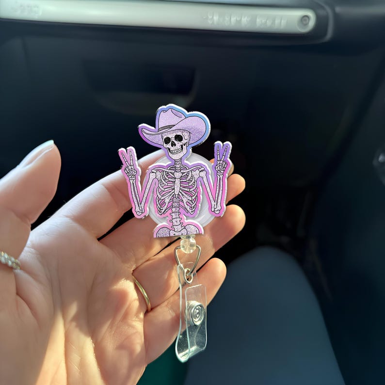 TiniDecor Skeleton Unicorn Nurse Badge Reel, Retractable Pink ID Holder, Funny Gift for RN