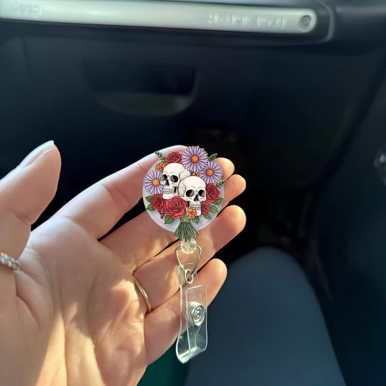 TiniDecor Skull and Flower Badge Reel, Gothic Floral Retractable ID Holder, Cute Gift for Nurses & Halloween Lovers