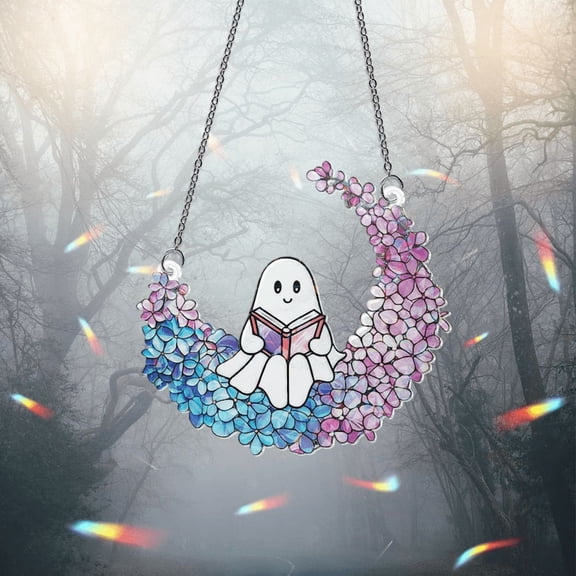 TiniDecor Spooky Floral Ghost Acrylic Sun Catcher - 6" Pastel Crescent Window Hanging Ornament