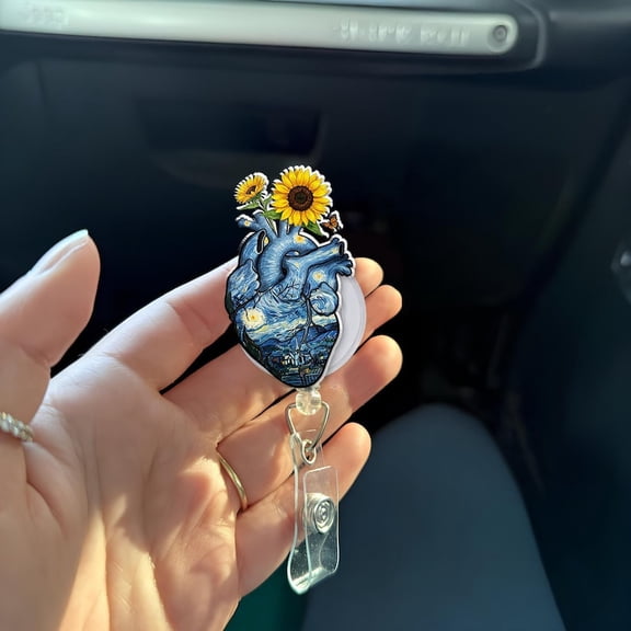 TiniDecor Sunflower Heart Badge Reel, Retractable ID Holder, Artistic Anatomy Design, Nurse Gift
